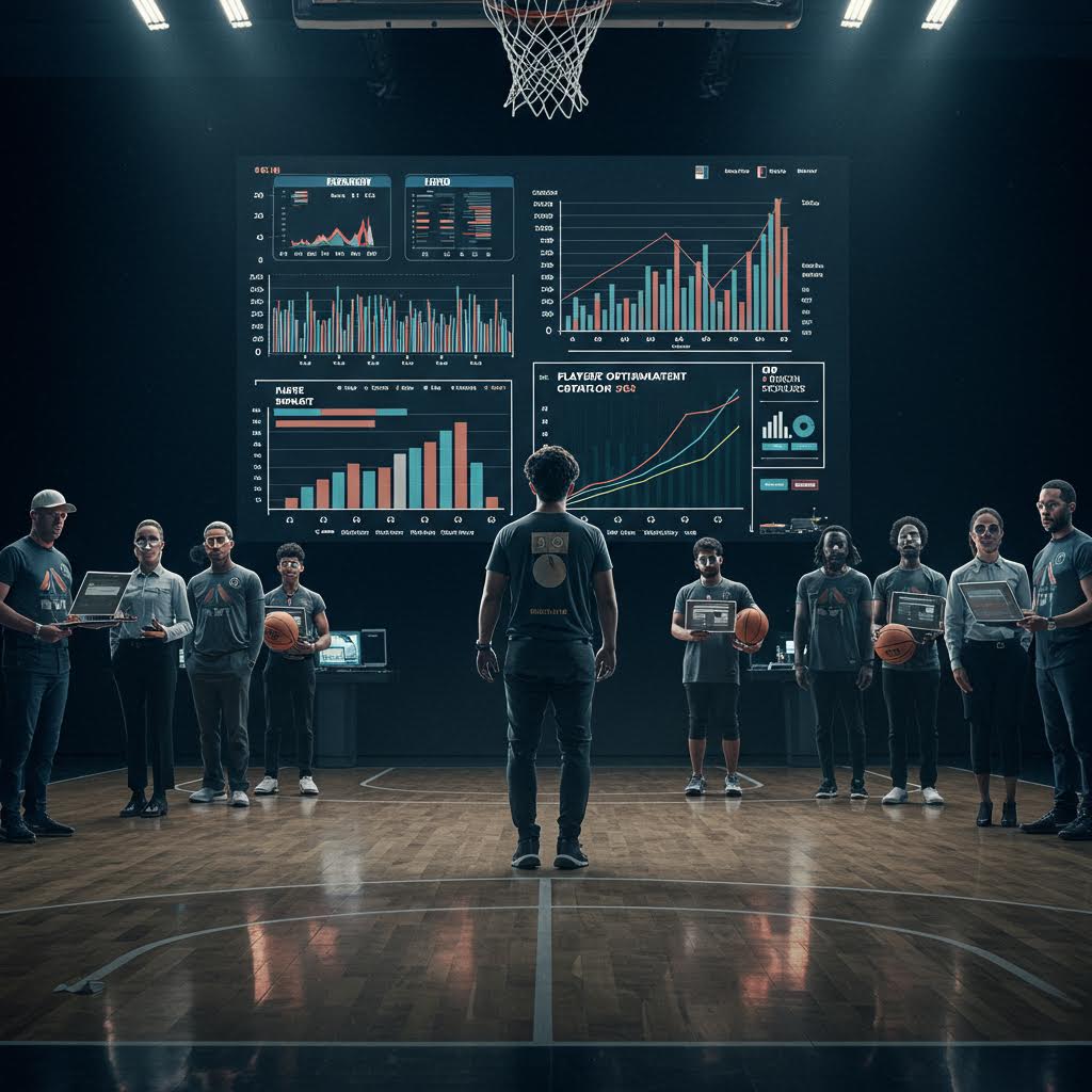 NBA 선수단이 대형 데이터 보드를 보며 경기 분석과 전략을 검토하는 모습