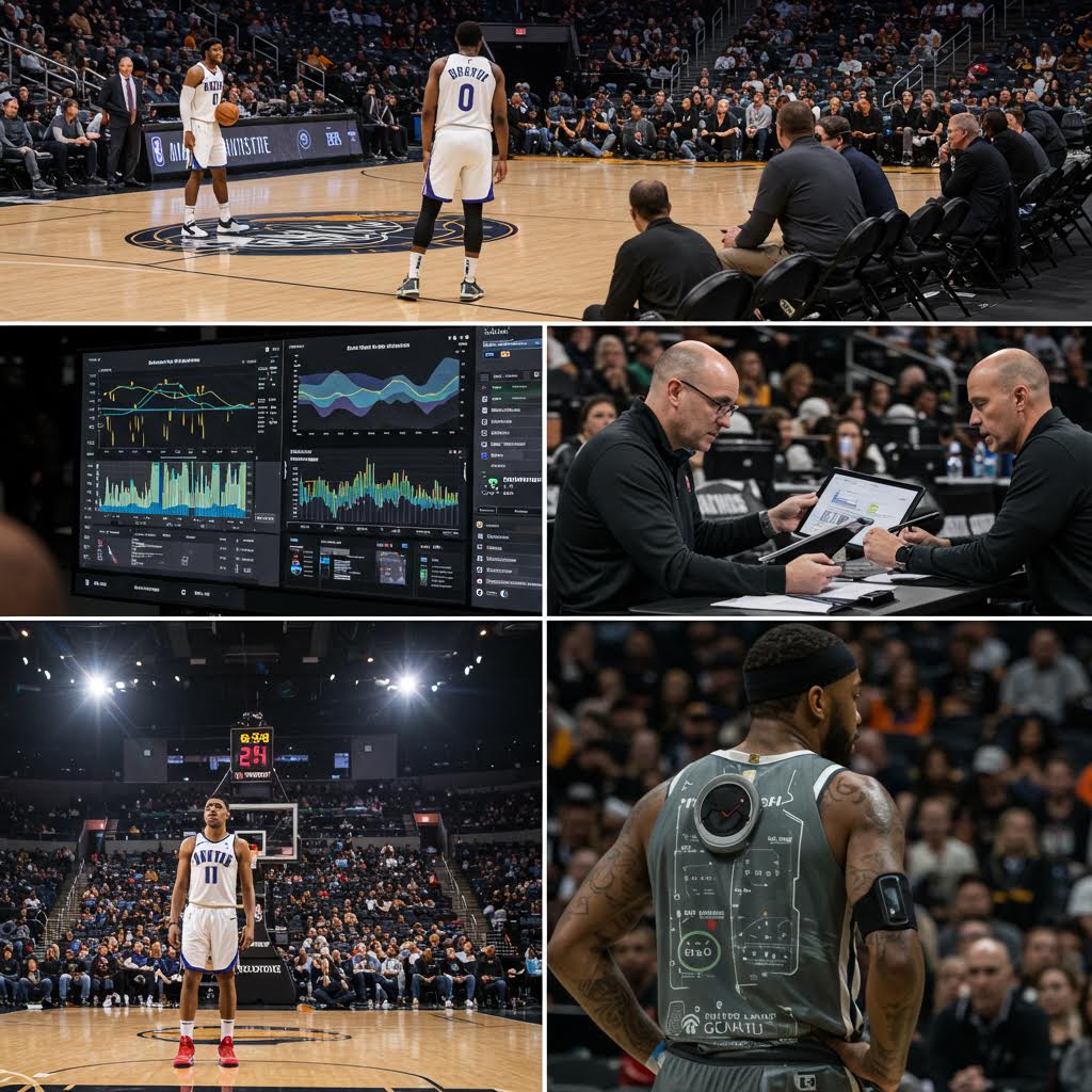NBA 선수와 코치가 경기 중 벤치에서 전략을 상의하는 장면