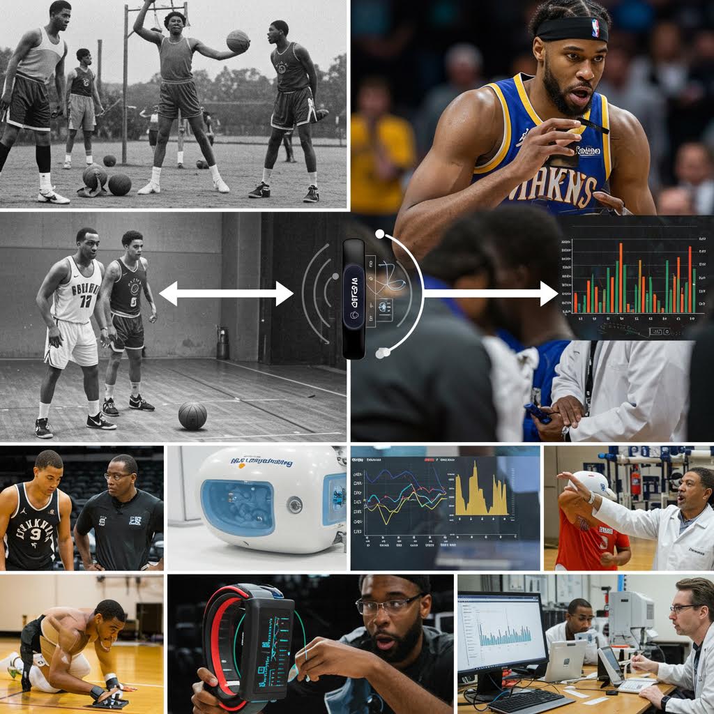 NBA 선수들의 과거와 현재 훈련 모습을 데이터 분석 그래프와 함께 보여주는 스포츠 혁신 이미지