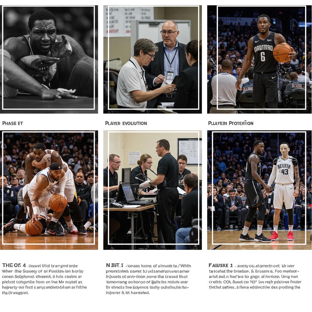 NBA 경기장에서 선수들의 플레이와 감독진의 지시 장면이 이어지며 훈련과정의 선수 보호 전략이 담긴 순간