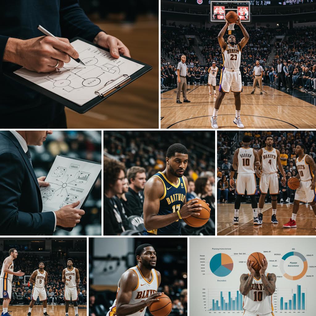 NBA 농구 경기와 선수 훈련 장면을 통해 전략 수립과 데이터 분석 과정을 보여주는 스포츠 현장 모습