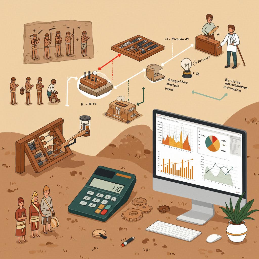 고대 문서와 유물을 데이터 분석 시스템으로 디지털 전환하여 연구하는 장면