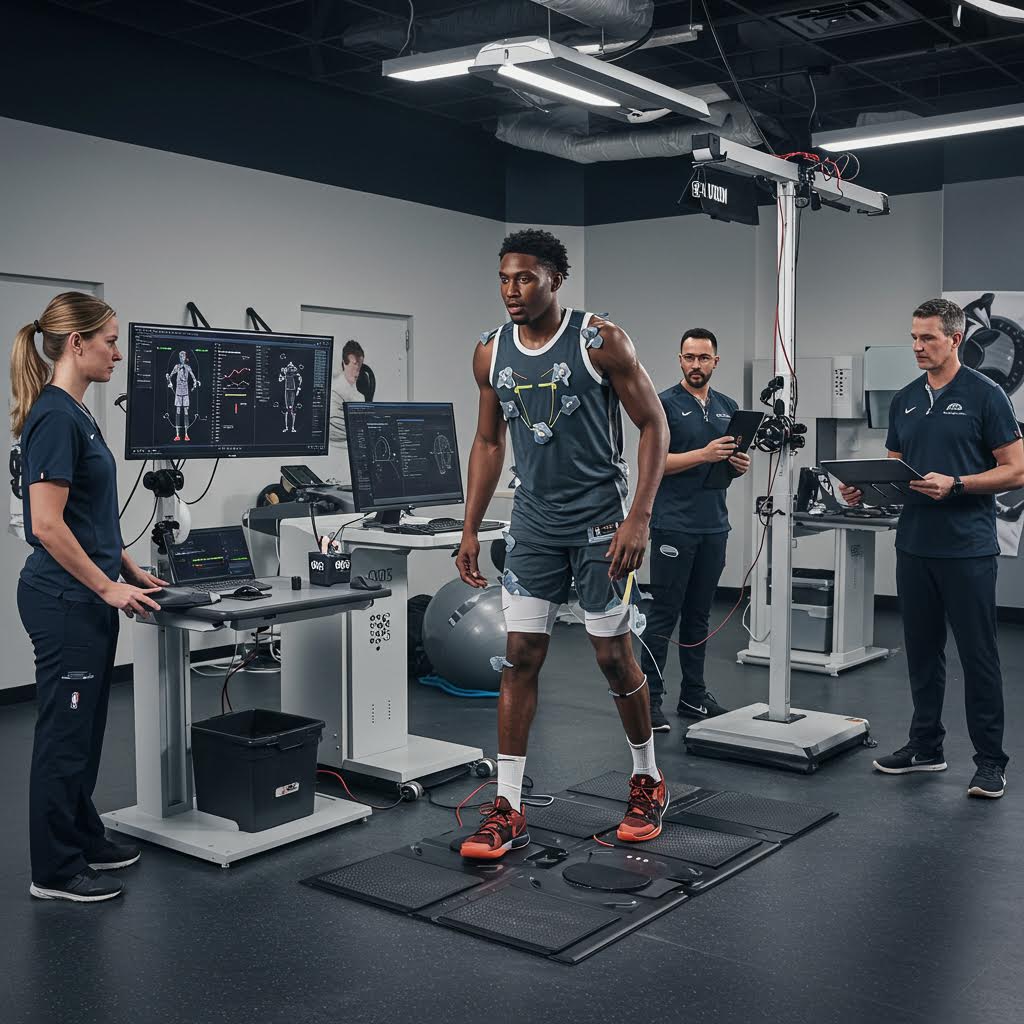 NBA 선수가 전문가와 함께 부상 회복을 위한 맞춤형 재활 훈련을 받는 모습