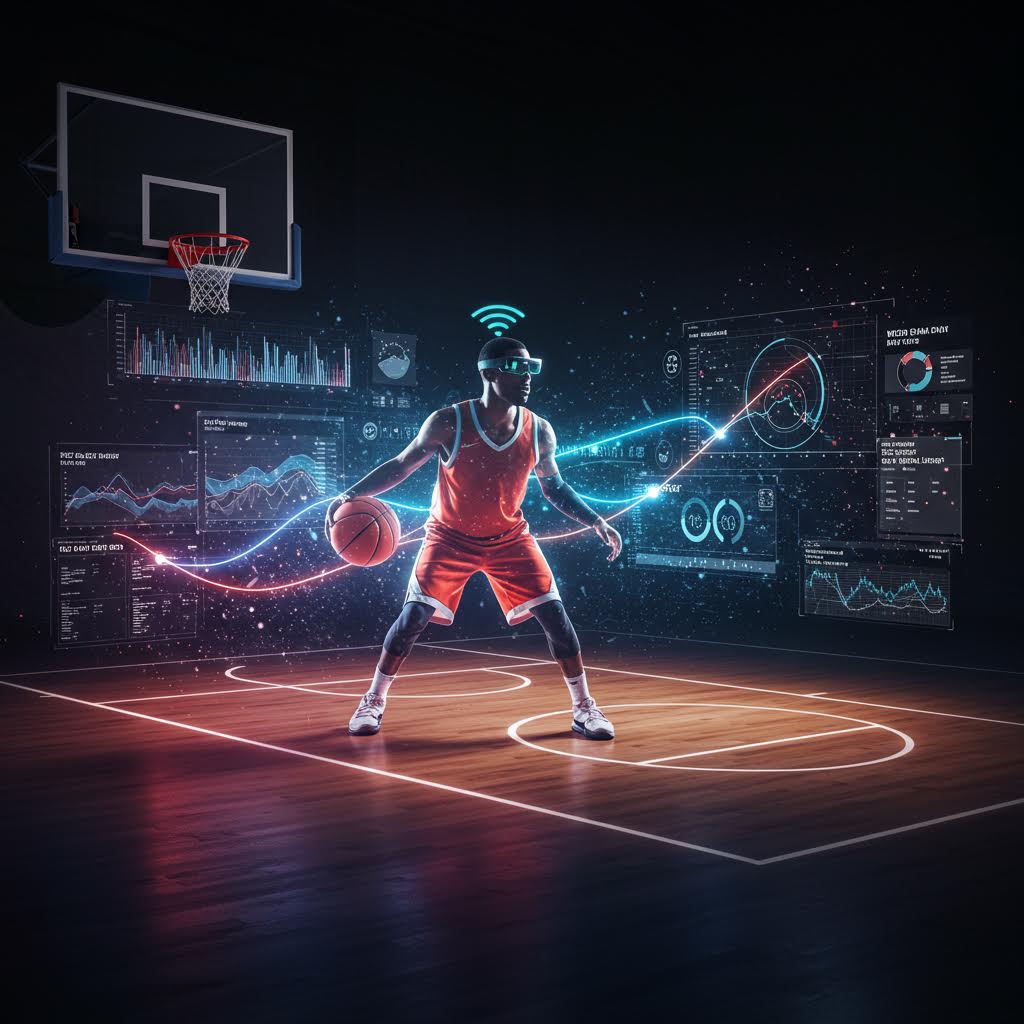 디지털 데이터와 분석 기술을 활용해 농구 선수가 경기장에서 훈련하는 모습