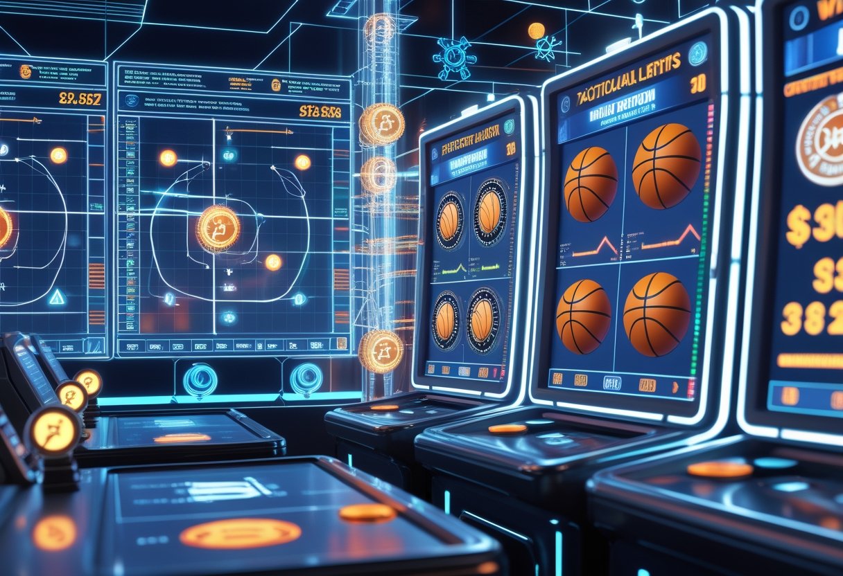 NBA 전술 분석과 슬롯 추천 알고리즘이 결합된 첨단 기술 환경을 보여주는 3D 장면