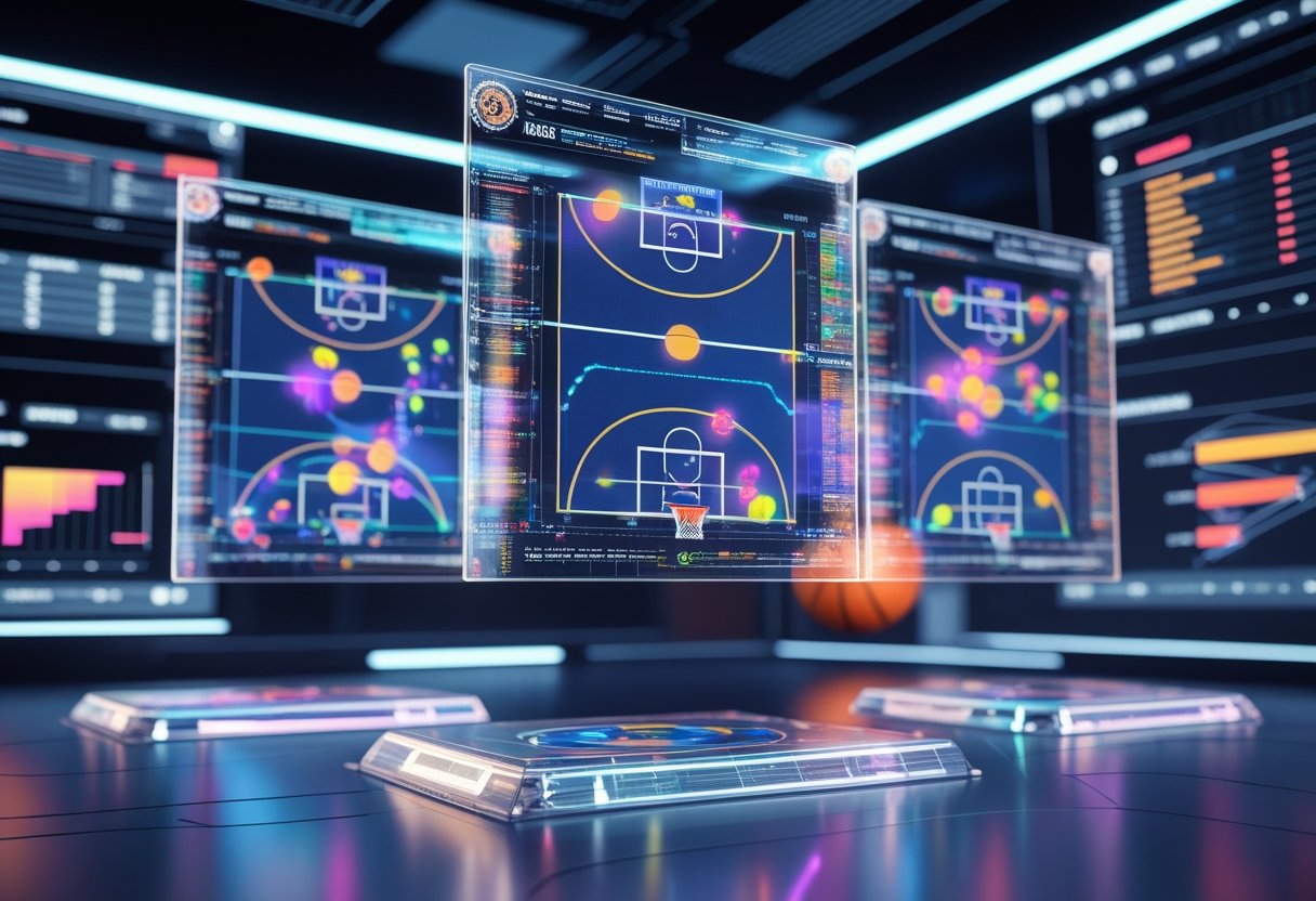 NBA 농구 전술과 스포츠 데이터 분석을 보여주는 미래형 분석실 내부 모습