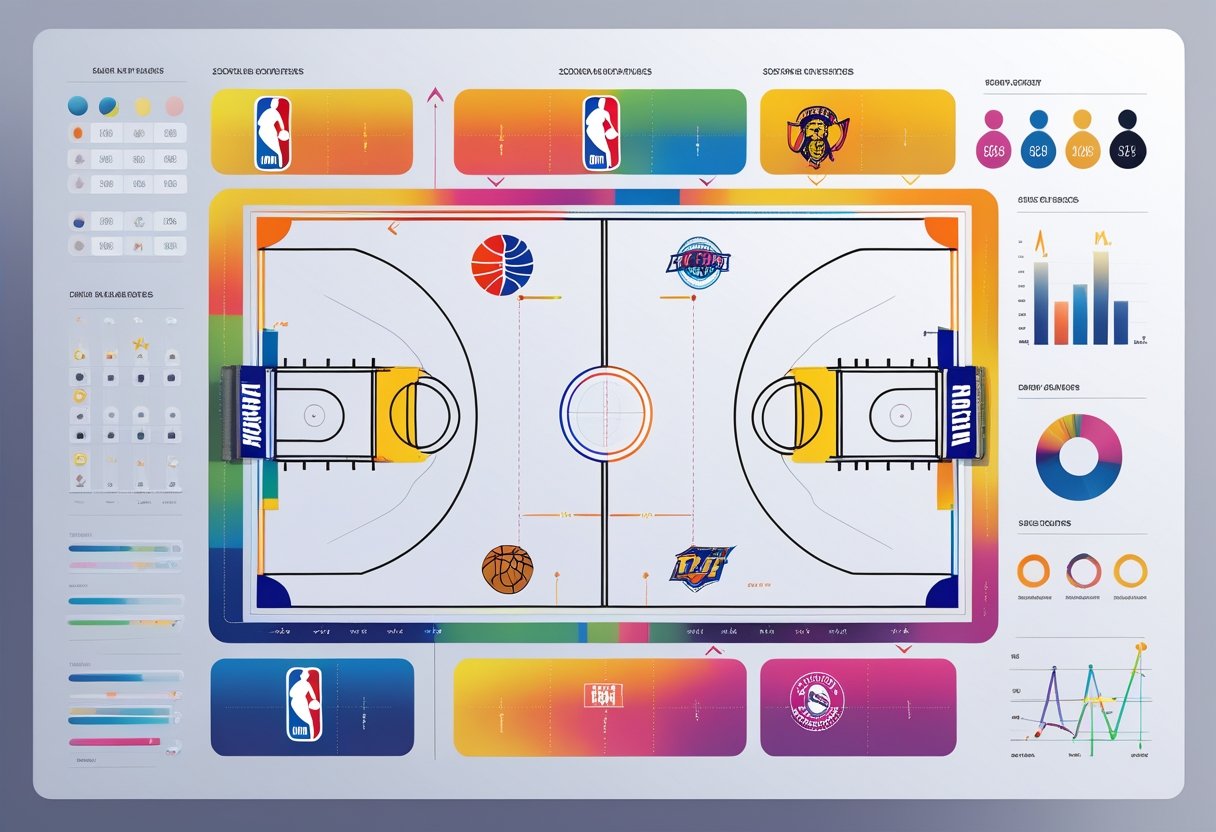 NBA 팀별 득점 패턴과 전략 분석을 보여주는 농구 코트와 그래프가 있는 장면