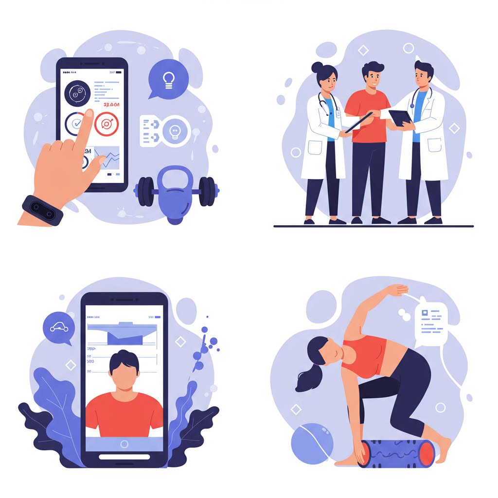 스마트폰 화면에 헬스케어 앱과 피트니스 지표가 표시되며 개인 맞춤 운동 관리가 강조된 표현