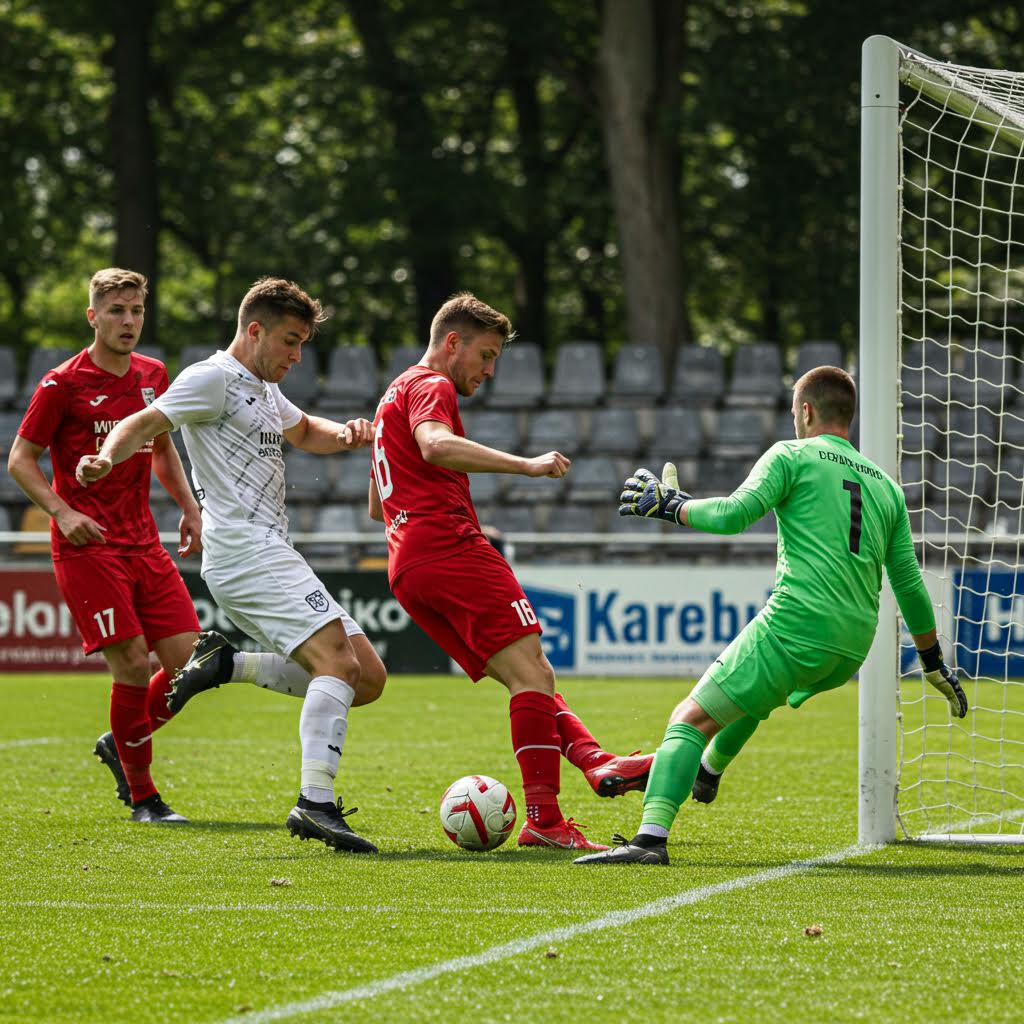 골문 앞에서 수비와 공격이 맞부딪히는 긴박한 순간의 장면