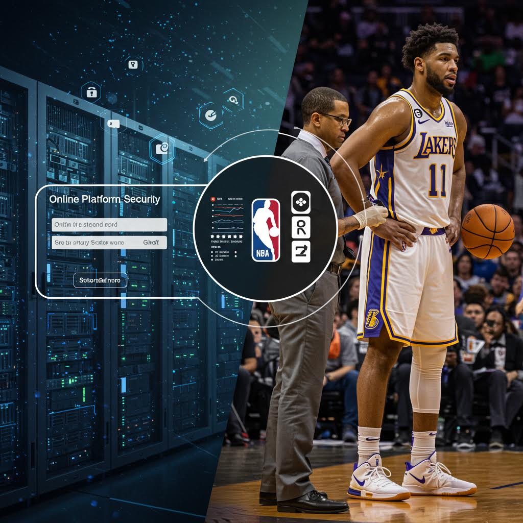 경기장 안에서 NBA 선수가 보안 시스템 그래픽과 함께 표시되며 온라인 플랫폼과 선수 데이터 보호의 상징적 장면