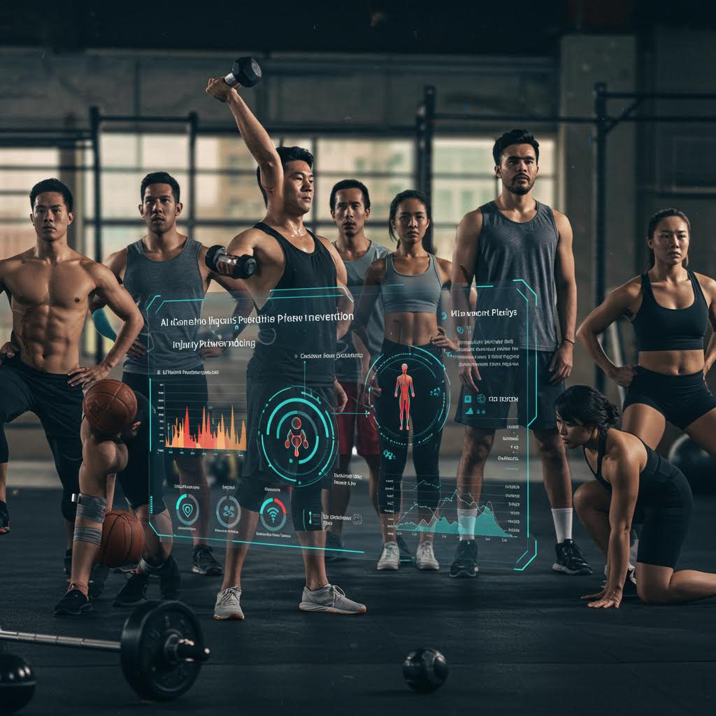 체육관에서 운동복을 입은 사람들이 디지털 데이터와 함께 체력 측정을 받는 훈련의 장면