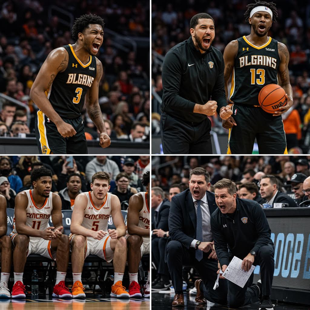 코트 옆에서 선수들과 코치들이 격렬한 감정을 드러내며 경기에 몰입하는 농구 경기 현장의 열기