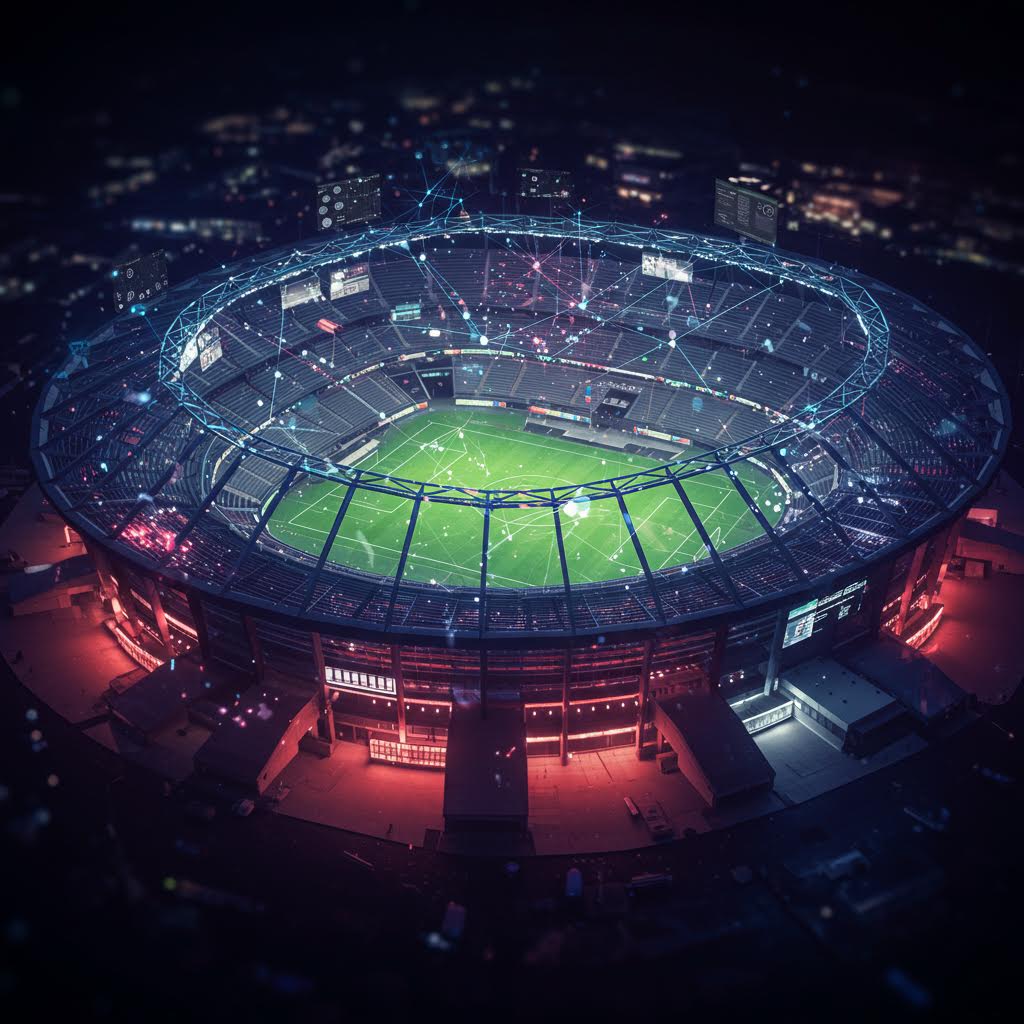 야경 속 대형 경기장에서 디지털 데이터로 연결된 스포츠 분석 장면