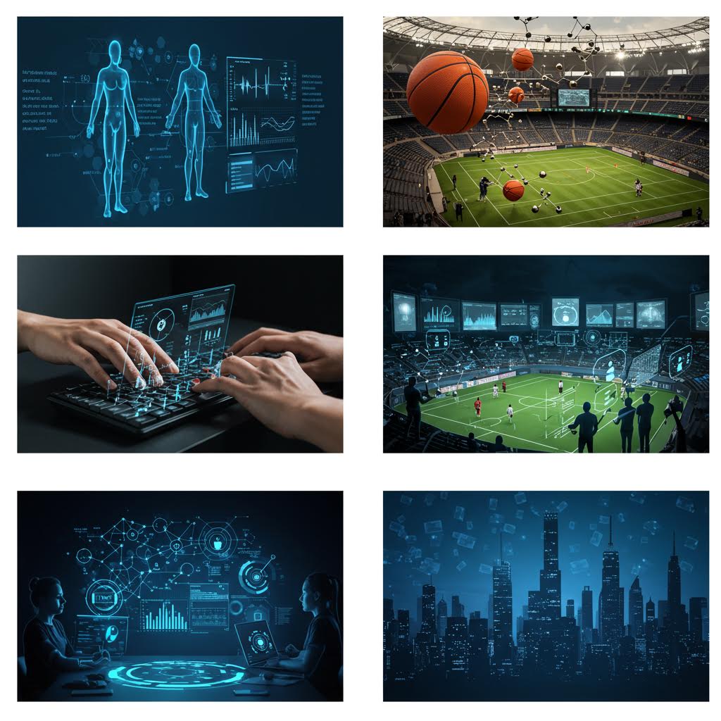 스포츠 경기장과 데이터 그래픽이 결합되어 선수들의 움직임과 기록을 실시간으로 보여주는 모습