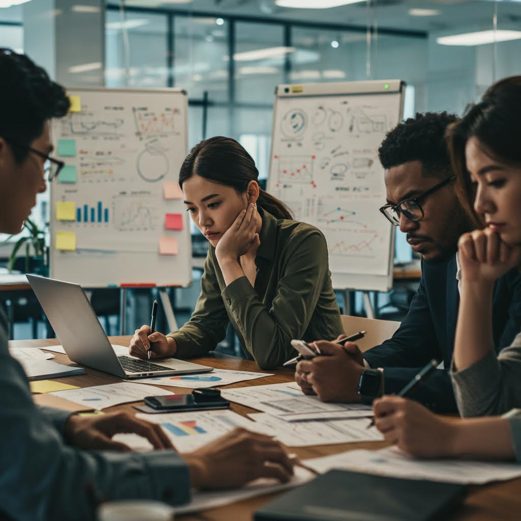 집중된 표정으로 보고서를 검토하며 클러치 의견을 나누는 팀 협업의 순간
