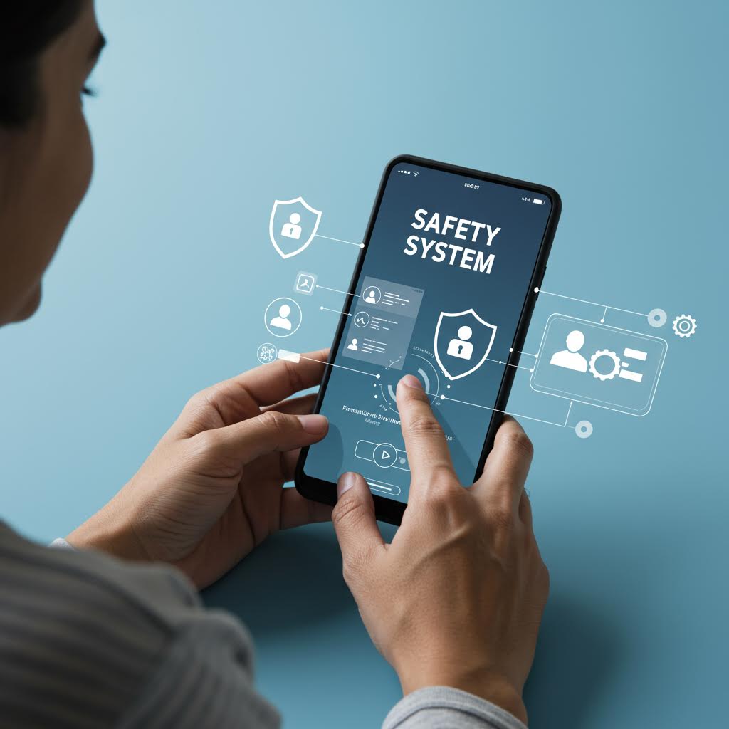 스마트폰 화면에 표시된 보안 아이콘과 ‘SAFETY SYSTEM’ 문구가 강조된 온라인 보안 관리 개념 이미지