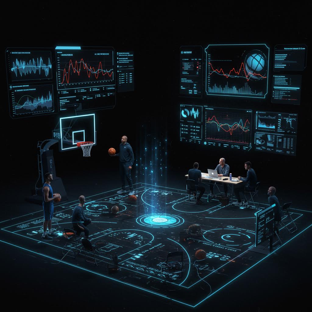 가상 농구 코트에 선수들과 코치가 모여 데이터 시각화를 활용해 사고 예방 전략을 논의하는 장면