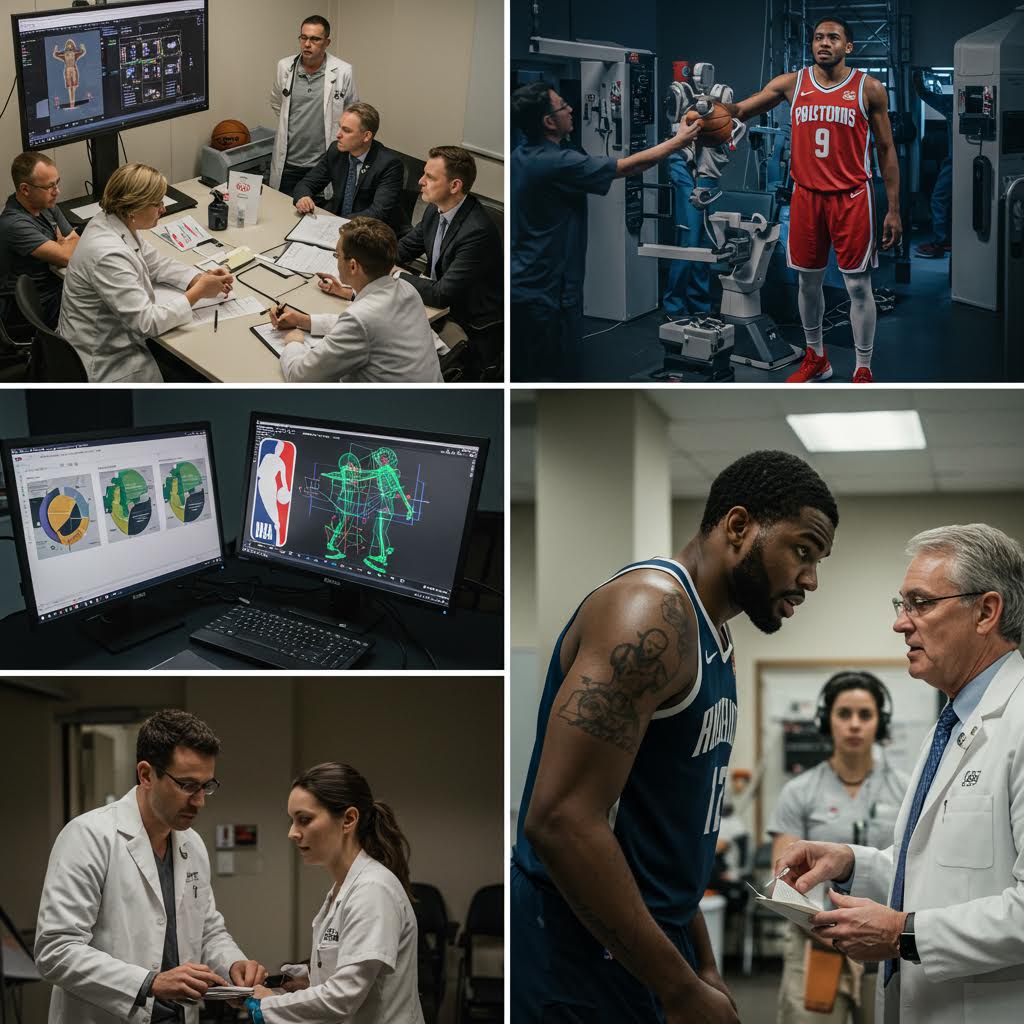 의료진이 NBA 선수의 신체 데이터를 분석하며 맞춤형 재활 전략을 논의하는 첨단 스포츠 의학 현장의 모습