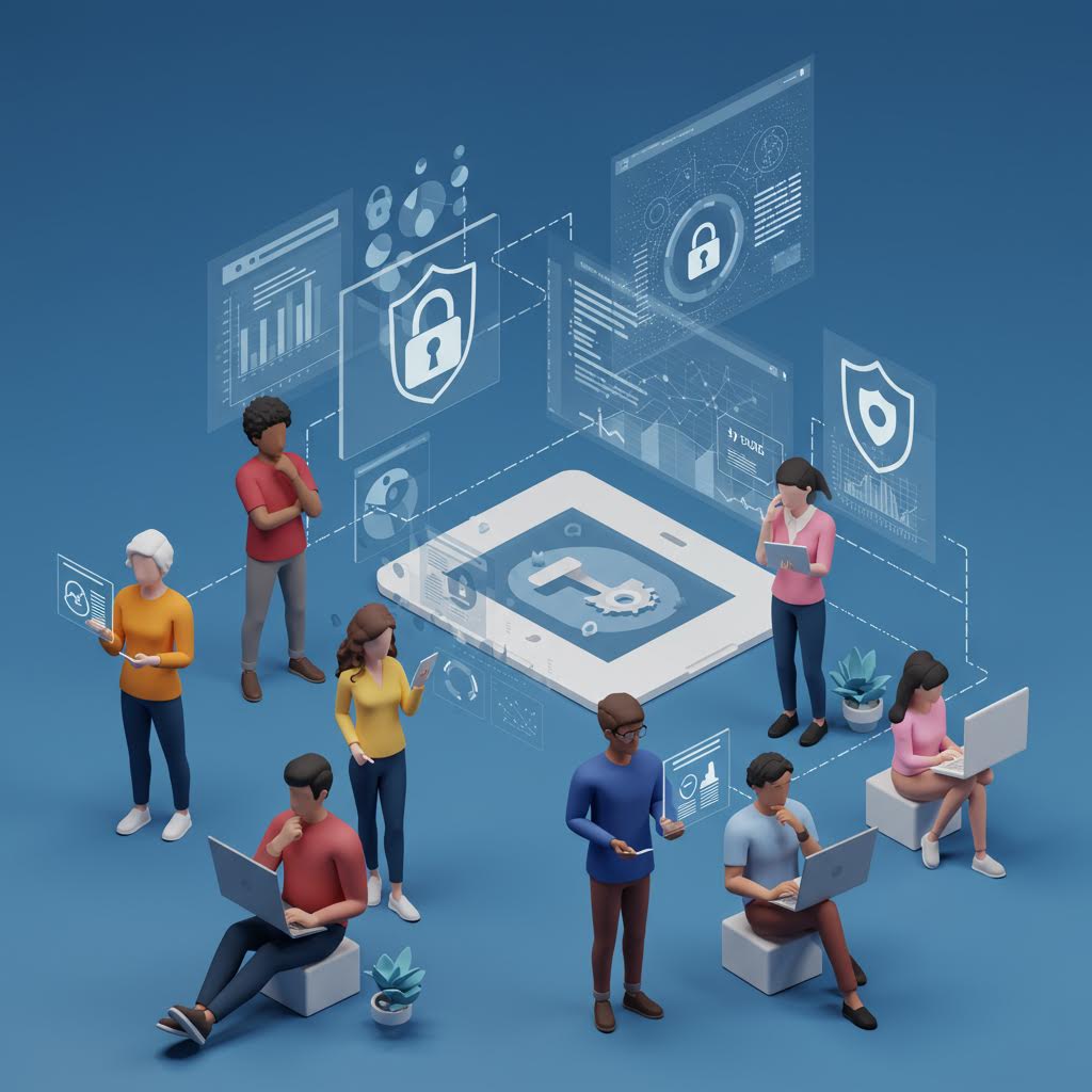 가상 공간에 떠 있는 데이터 보호 플랫폼 주위로 사람들이 디지털 기기를 사용하며 개인정보 보호 시스템을 상징하는 장면
