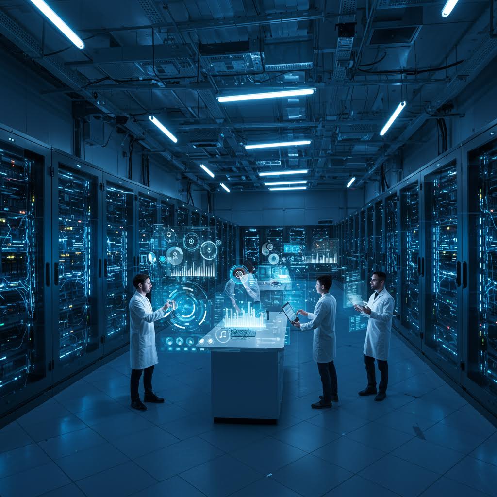서버룸 중앙의 디지털 테이블에서 세 명의 연구자가 통합 데이터 플랫폼을 점검하며 분석 그래프를 확인하는 장면