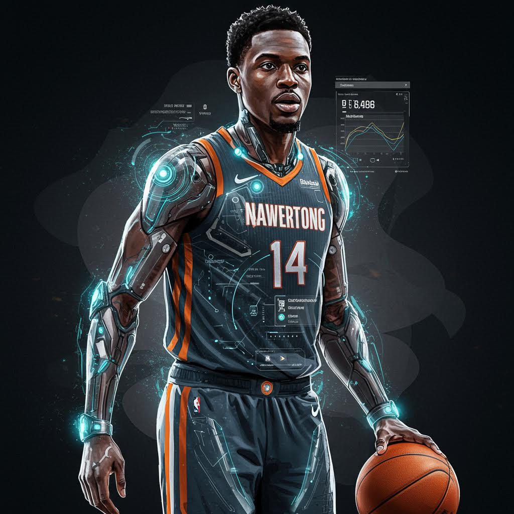 사이버틱한 농구선수가 전신에 센서 장비를 착용한 채 코트에 서 있으며 신체 데이터 인터페이스가 겹쳐 보이는 이미지