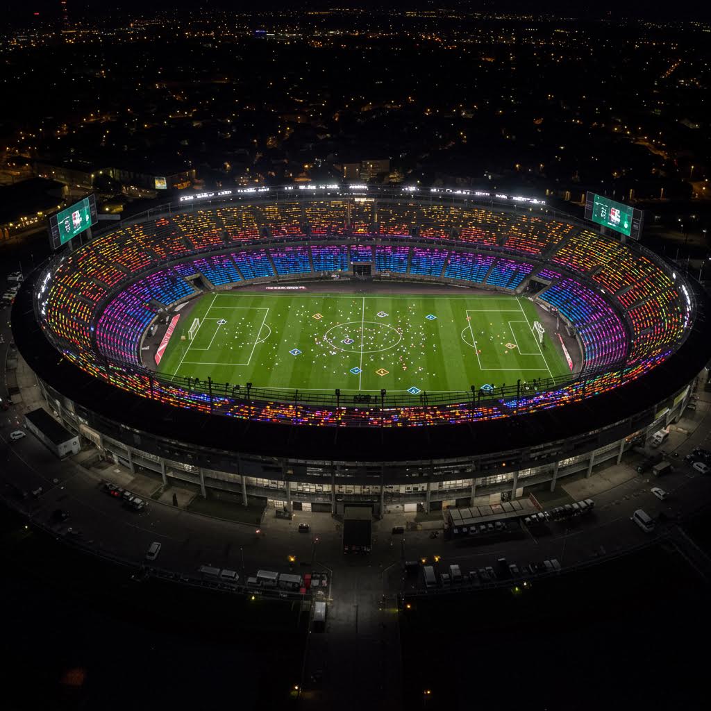 야간 경기장의 불빛 아래 가득 찬 관중과 선수들이 실시간 데이터 트래킹 시스템으로 연결된 거대한 스포츠 현장