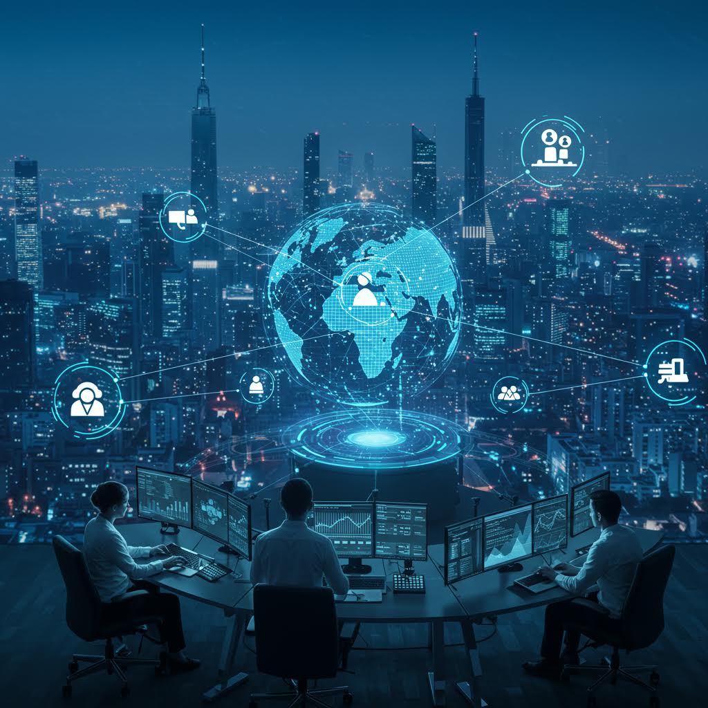 글로벌 도시 야경 위로 보안 네트워크와 인물 아이콘이 떠오르며 산업 전반에 걸친 위험 예방 시스템을 상징하는 장면