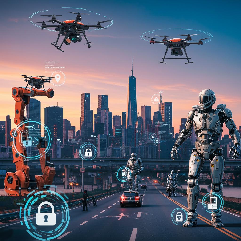 미래 도시의 도로 위에서 로봇과 드론이 협업하며 산업 보호 시스템을 시연하는 장면 속에 디지털 보안 아이콘이 교차하는 움직임의 기술 융합 흐름
