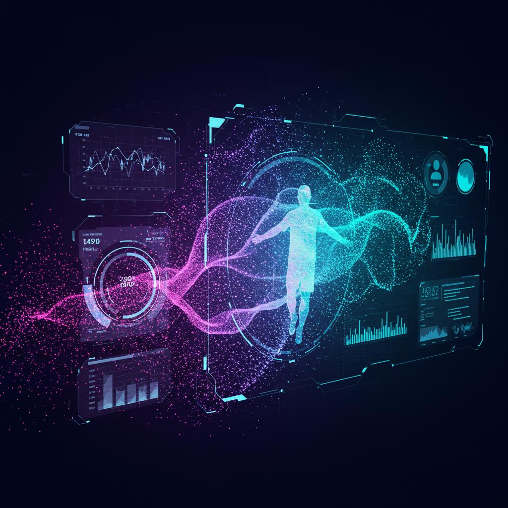 홀로그램 인체가 중앙에서 데이터 흐름으로 둘러싸인 화면 속에서 생체 정보를 분석하는 미래형 스포츠 관리 인터페이스