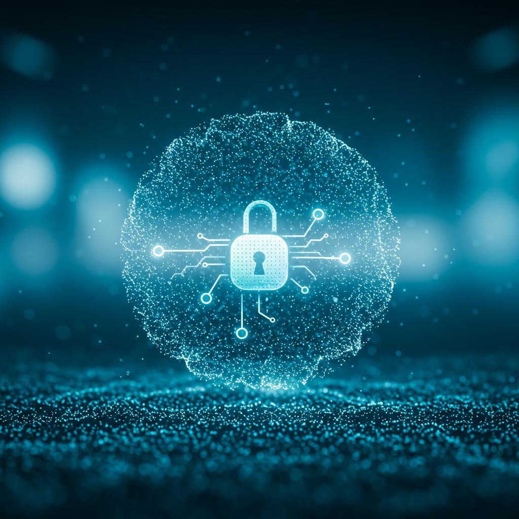 자물쇠 형태의 데이터 구체가 빛의 입자 속에서 떠오르며 선수 보호를 위한 데이터 보안 시스템을 상징하는 이미지