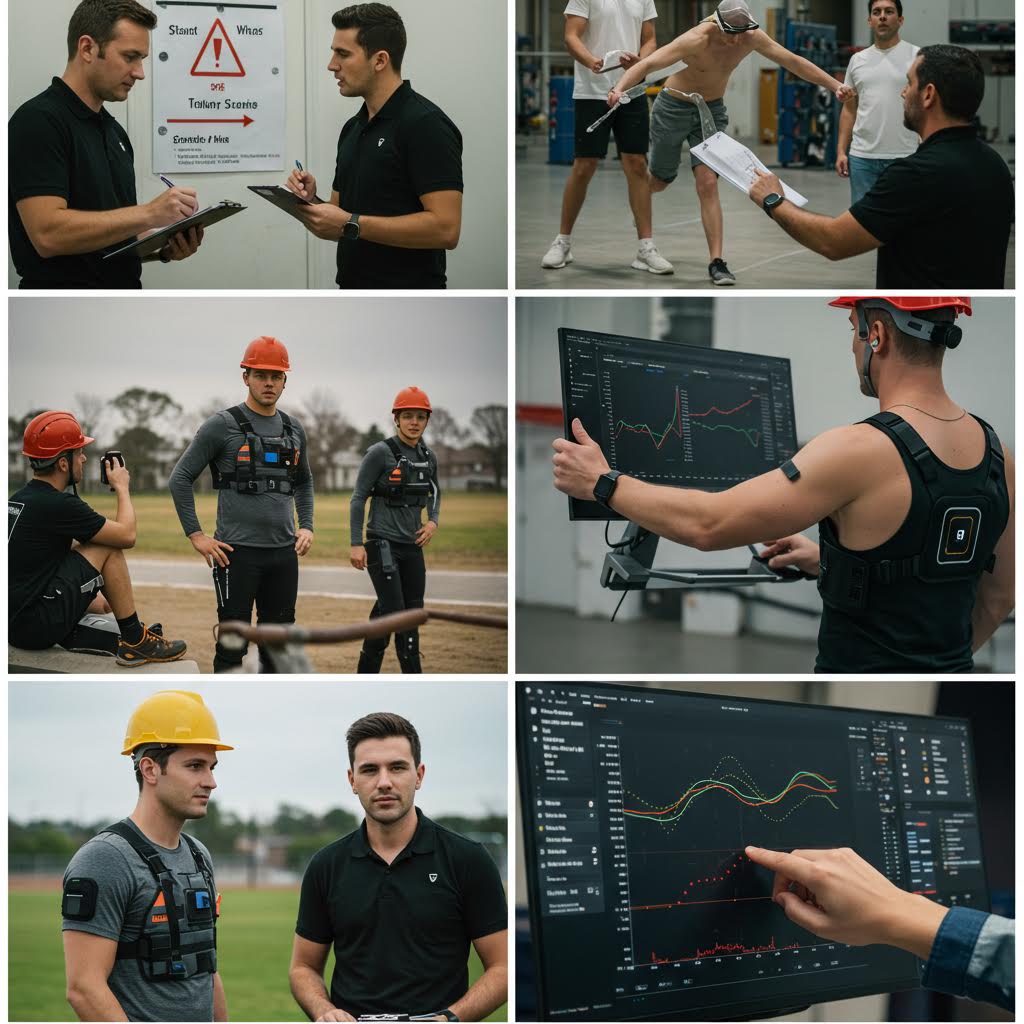 스포츠 현장에서 선수와 트레이너들이 센서를 착용하고 데이터 그래프를 검토하며 부상 예방 훈련을 진행하는 모습