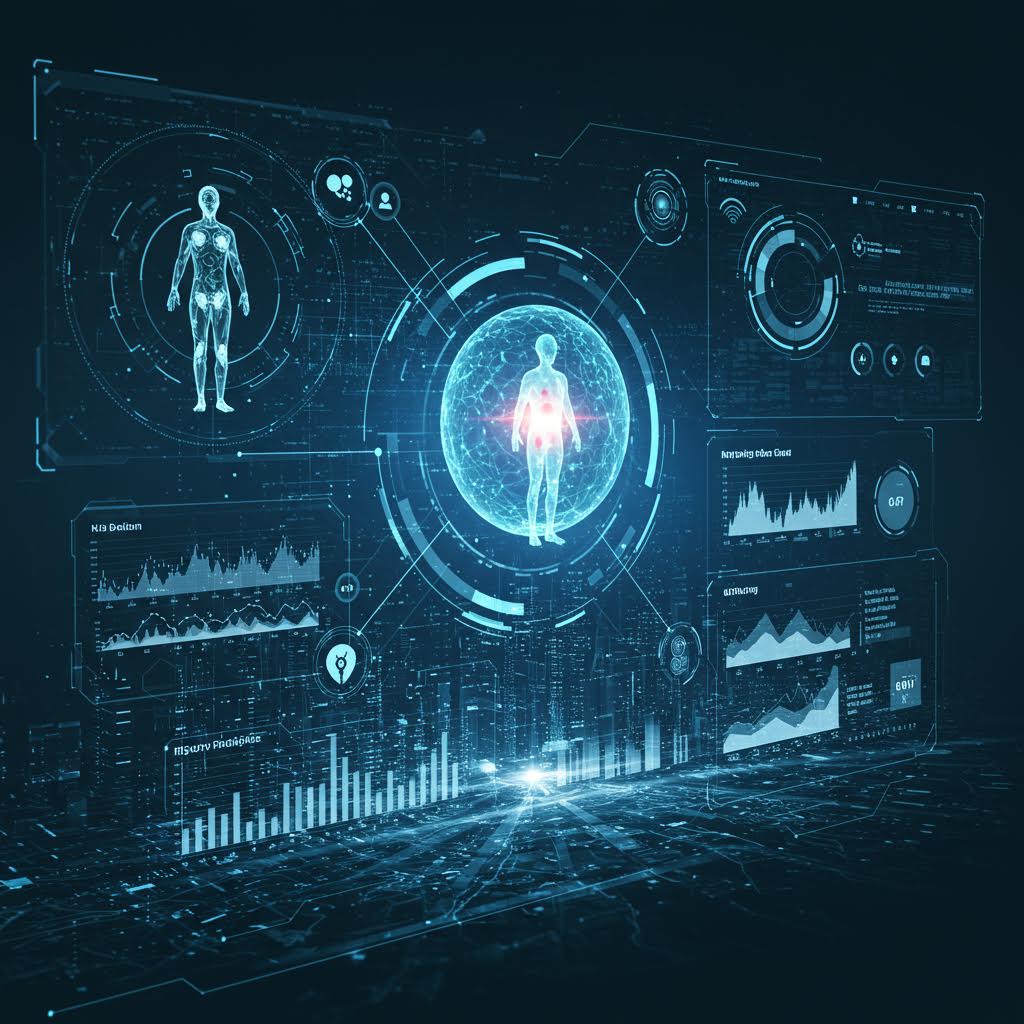 부상방지 예방 디지털 인체 분석 패널에 신체 정보가 표시되고 생체 데이터 그래프가 함께 떠 있는 스포츠 의료 분석 인터페이스