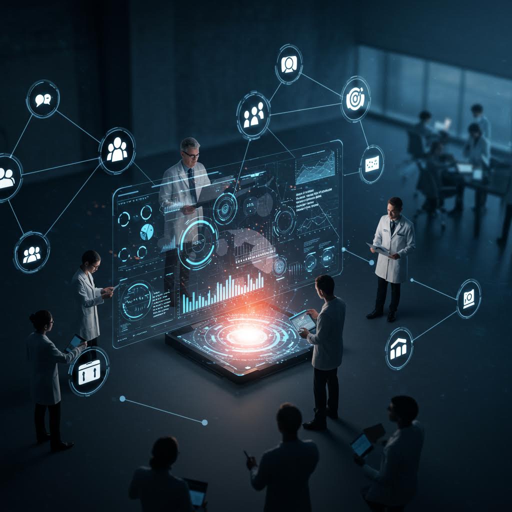 회의실에서 연구원들이 홀로그램 테이블 위의 데이터 구조를 바라보며 예측 분석 기술을 논의하는 협업 장면