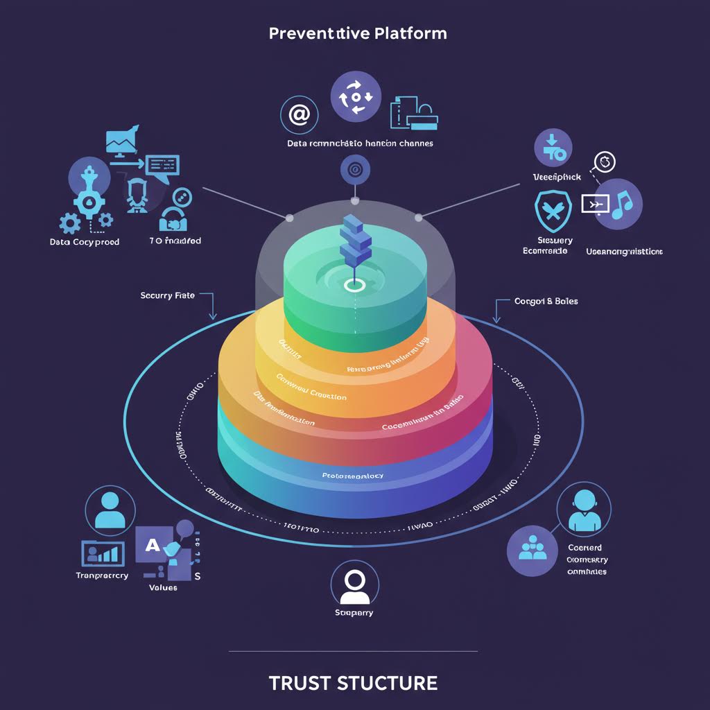 다층 원형 구조의 데이터 플랫폼이 중앙의 신뢰 구조를 중심으로 예방형 분석 시스템을 시각화한 기술적 도식