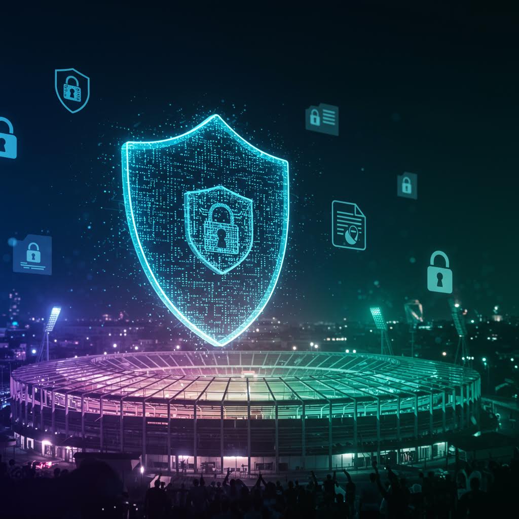 보안 아이콘이 형상화된 푸른빛 보호막이 경기장을 감싸며 스포츠 데이터 보호 기술의 중심을 시각화한 이미지