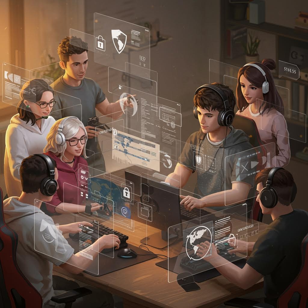 헤드셋을 착용한 여러 명의 젊은이들(게이머 또는 개발자)이 책상 주위에 앉아 컴퓨터를 사용하고 있는 일러스트레이션. 테이블 위로는 잠금장치, 방패, 데이터 지도, 게임 통계 등 보안 및 투명성 관련 정보가 홀로그램 화면으로 투사되어 있으며, 블록체인 기술을 활용한 게임 결과의 투명성 강화와 공정성을 시각적으로 묘사하고 있습니다.