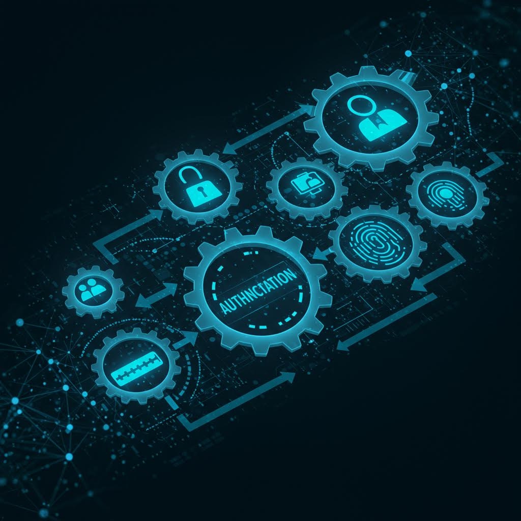 어두운 파란색 배경에 톱니바퀴 형태로 연결된 디지털 프로세스 일러스트레이션. 중앙의 큰 톱니바퀴에 'AUTHENTICATION(인증)' 텍스트가 새겨져 있으며, 주변의 톱니바퀴에는 잠금장치, 사용자 프로필, 지문 인식, 비밀번호 등 보안 및 접근 제어에 관련된 아이콘들이 배치되어 인증 절차의 메커니즘을 시각적으로 보여줍니다.