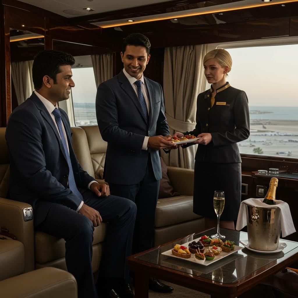 고급스러운 실내 공간(VIP 라운지 또는 전용기)에서 정장 차림의 남성 두 명이 대화를 나누고 있으며, 승무원(여성)이 샴페인과 고급 카나페를 서빙하고 있는 사진. 이는 부유한 고객층을 대상으로 하는 사교 활동, VIP 서비스, 그리고 고급 접대 환경을 묘사합니다.
