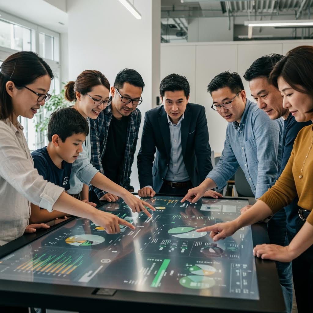 대형 터치 테이블 위의 다양한 지표를 사람들 여러 명이 동시에 가리키며 내용을 확인하는 협업의 순간