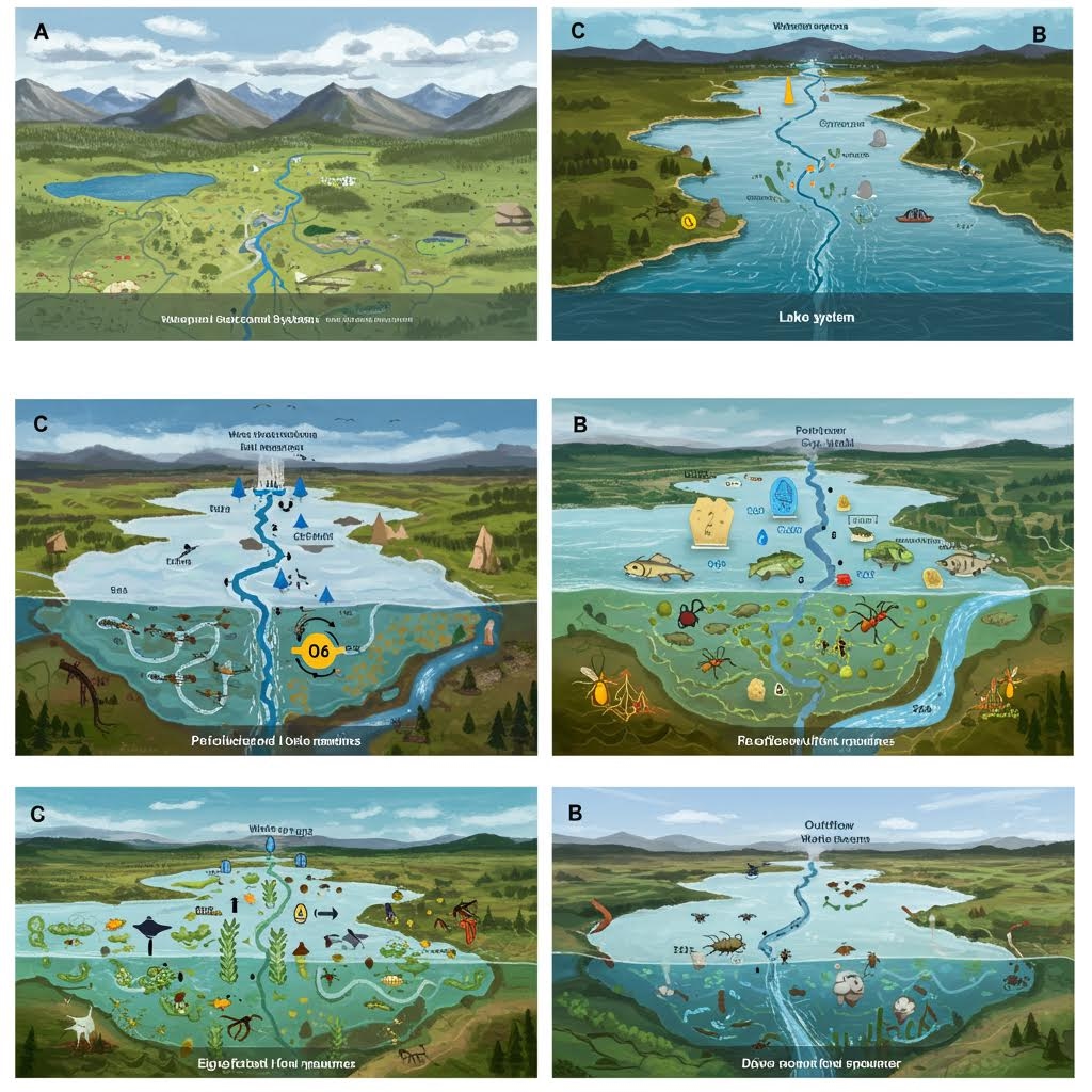 2x3 격자 배열로 구성된 6개의 상세 일러스트레이션. 산과 강, 호수 주변의 생태계를 보여주며, 물의 순환, 영양분 이동, 그리고 물속과 지상 동식물의 상호작용이 복잡하게 얽힌 장면을 묘사하고 있습니다. 이는 생태계 내의 자원 순환 메커니즘과 **레이크 시스템(Ecosystem)**의 작동 원리를 시각적으로 설명합니다.