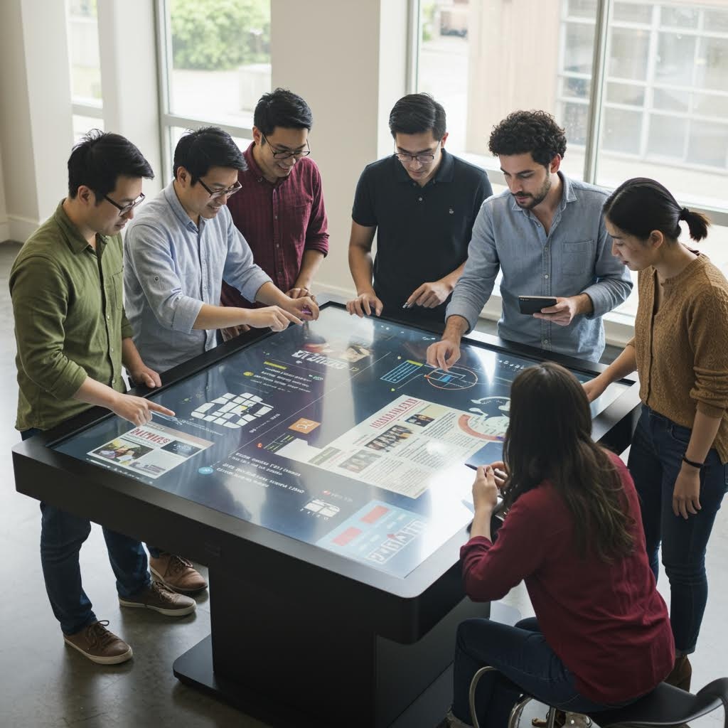 여러 명이 인터랙티브 테이블 화면을 함께 터치하며 자료와 구조를 확인하는 협업 중심 장면