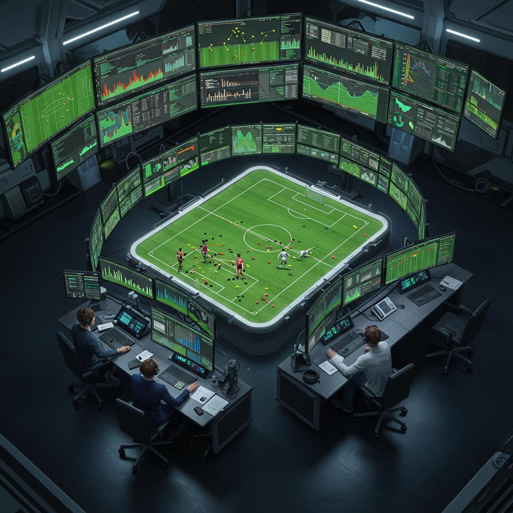 수많은 모니터가 경기 장면을 둘러싸듯 배치된 공간에서 분석가들이 화면을 주시하며 흐름을 해석하는 장면의 인상