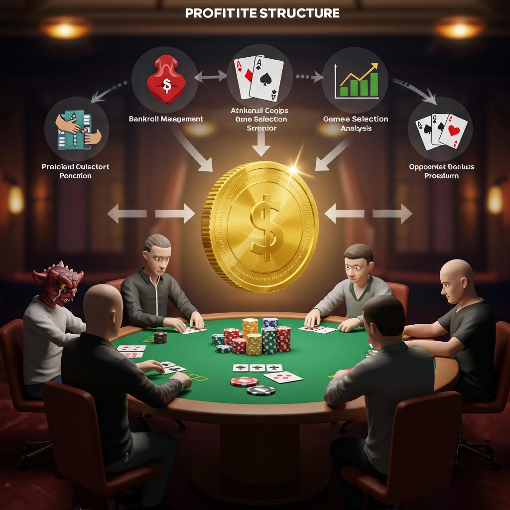 어두운 배경의 포커 테이블 일러스트레이션. 4명의 플레이어와 악마 형상의 인물이 앉아 있고, 테이블 위에는 칩과 카드가 놓여 있습니다. 중앙에는 거대한 금화가 떠 있으며, 그 주위를 뱅크롤 관리, 게임 선택 분석 등 **'수익 구조(Profit Structure)'**를 나타내는 순환 다이어그램이 둘러싸고 있어, 플레이어의 역량과 수익 구조의 관계를 시각적으로 보여줍니다.