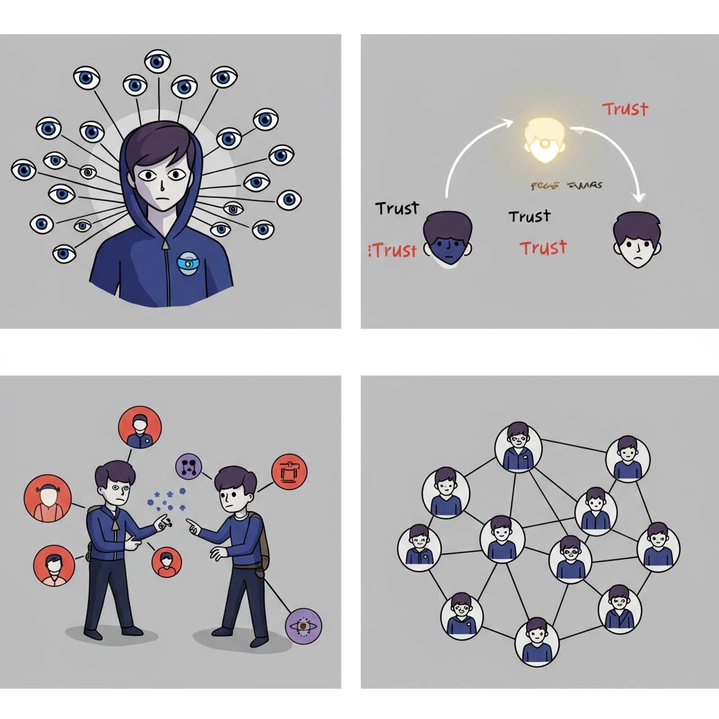 2x2 격자 배열의 일러스트레이션. 상단 왼쪽에는 수많은 눈에 둘러싸인 한 사람의 모습이 지속적인 감시나 프라이버시 침해를 상징하며, 오른쪽에는 신뢰(Trust)가 사람들과 중앙의 광원 사이를 순환하는 다이어그램이 있습니다. 하단에는 개인 간의 데이터 교환과 관계를 나타내는 복잡한 네트워크 구조가 그려져 있어, 디지털 환경에서의 신뢰 구축과 감시, 분산형 네트워크의 특성을 보여줍니다.