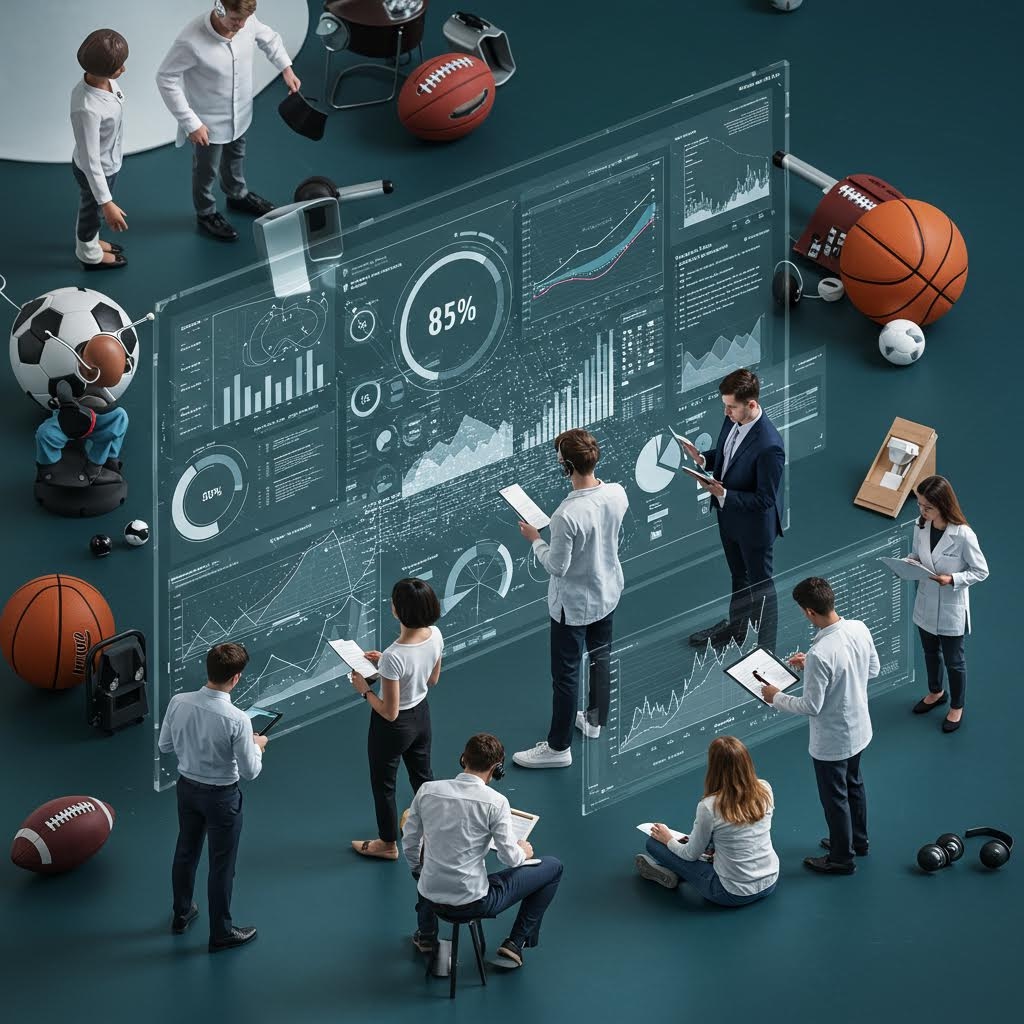 스포츠 장비가 놓인 공간에서 투명 패널의 지표를 여럿이 살피며 흐름을 해석하는 분석 중심 장면