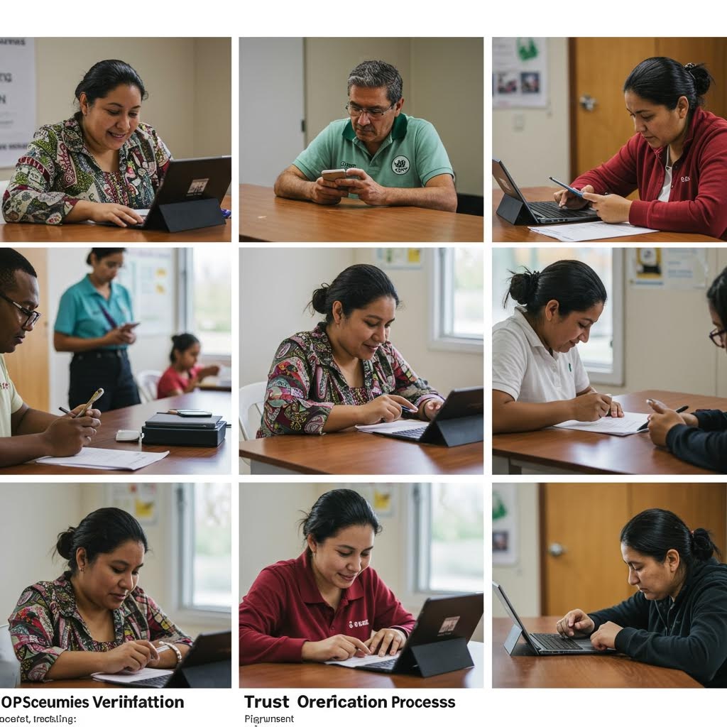 책상에 앉아 태블릿과 서류를 번갈아 보며 절차를 작성하는 이들의 반복된 모습이 이어지는 작업 풍경