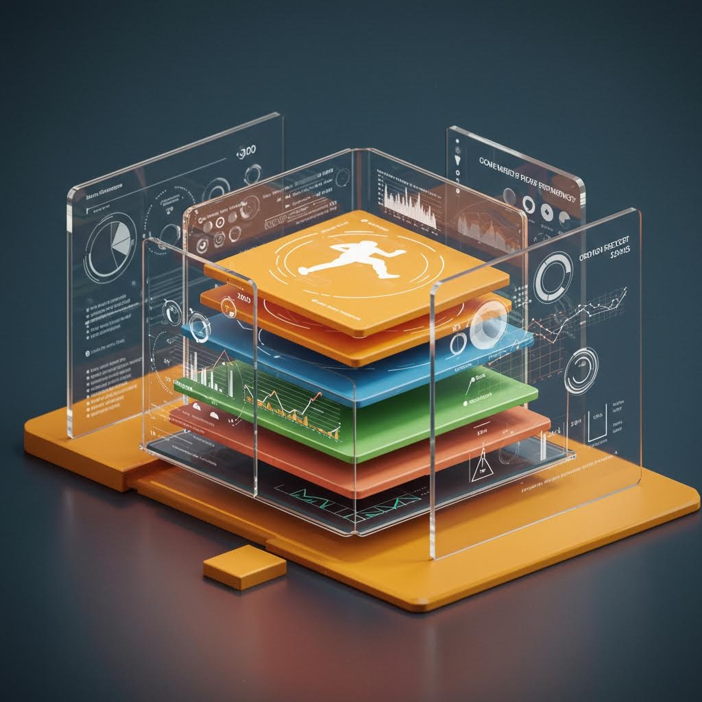 여러 겹의 투명 패널과 색상 레이어가 스포츠 관련 지표를 층위별로 보여주며 구조를 드러내는 시각화 중심 화면