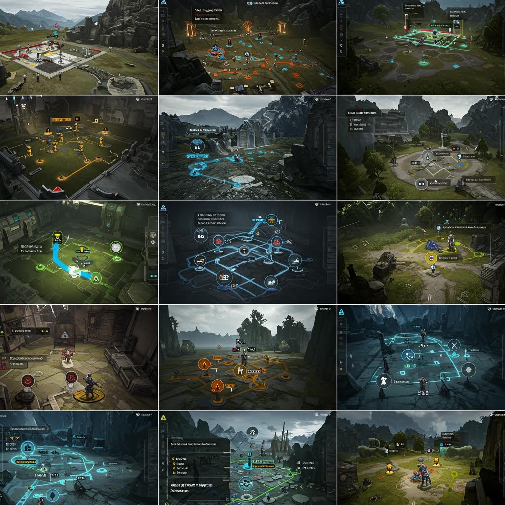 다양한 전투 지형과 임무 경로가 지도 형태로 배열되어 전략 선택 흐름을 보여주는 게임 화면의 인상