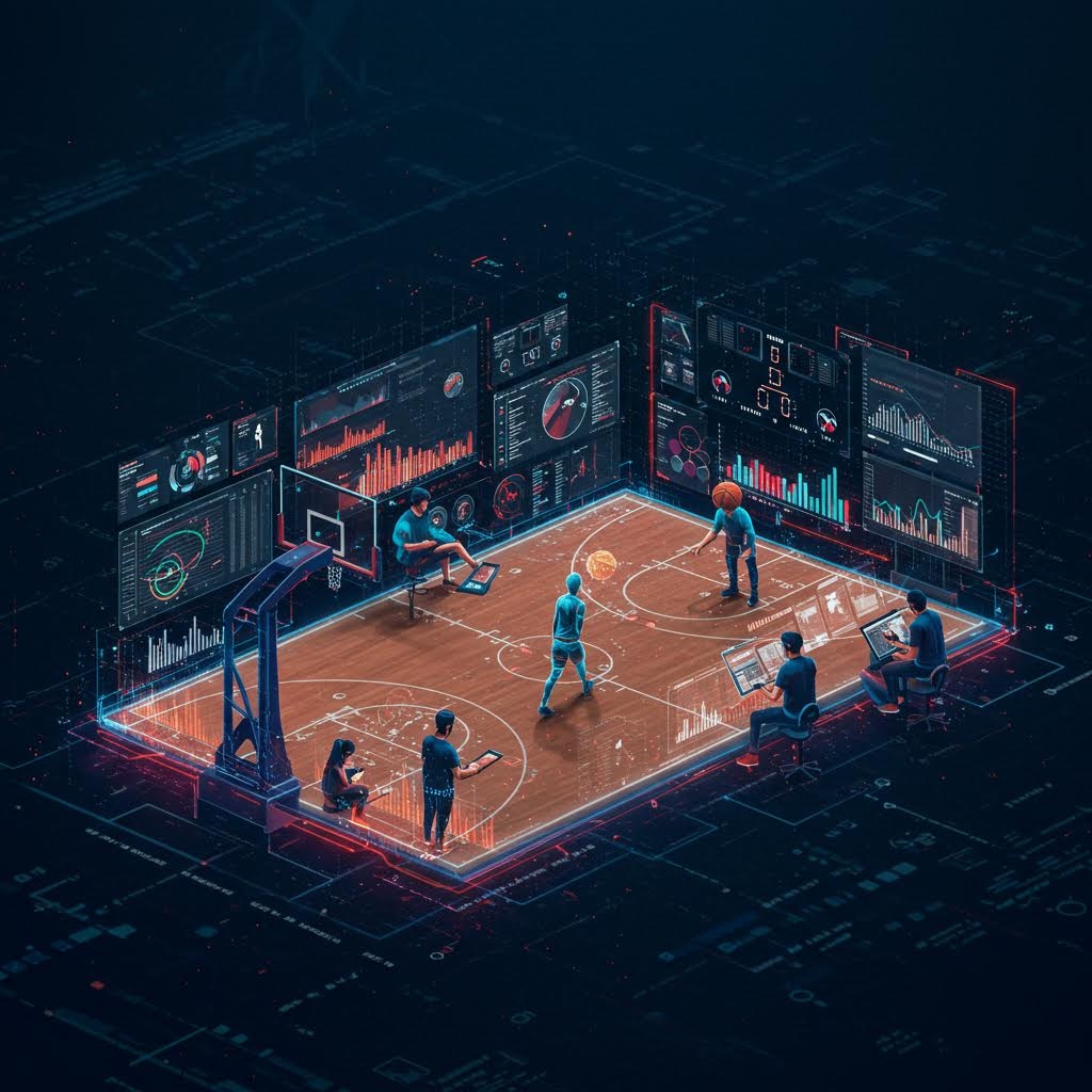 가상 농구 코트에서 선수 움직임과 경기 데이터를 대형 패널로 동시에 분석하는 장면의 흐름