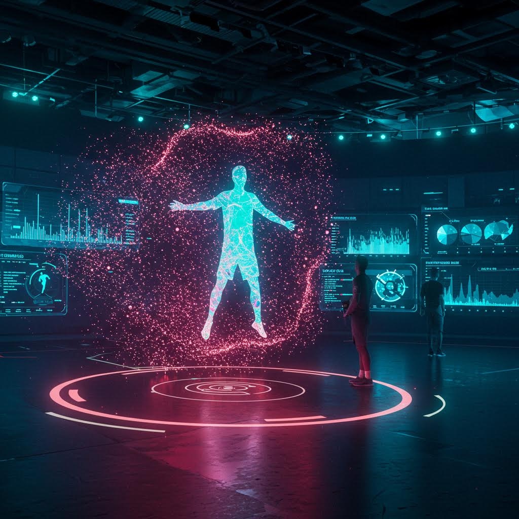 암실 같은 공간에서 빛 입자로 구성된 인체 형상이 떠오르고 이를 주변 분석 화면이 감싸는 장면의 인상